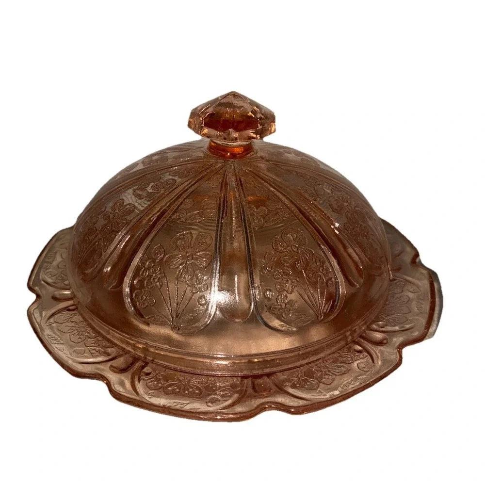 Jeannette Cherry Blossom Pink Depression Glass Covered Butter Dish 1930s Vintage